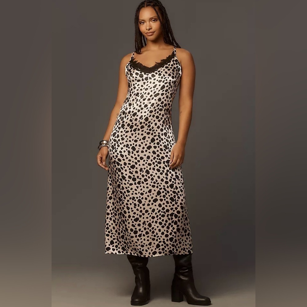 Anthropologie V-Neck Open Back Lace Trim Animal Print Slip Dress Size Medium